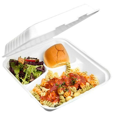 Compostable Hinged 3 Compartment Containers 9”x9”x3.5”, 50Pk – 6015